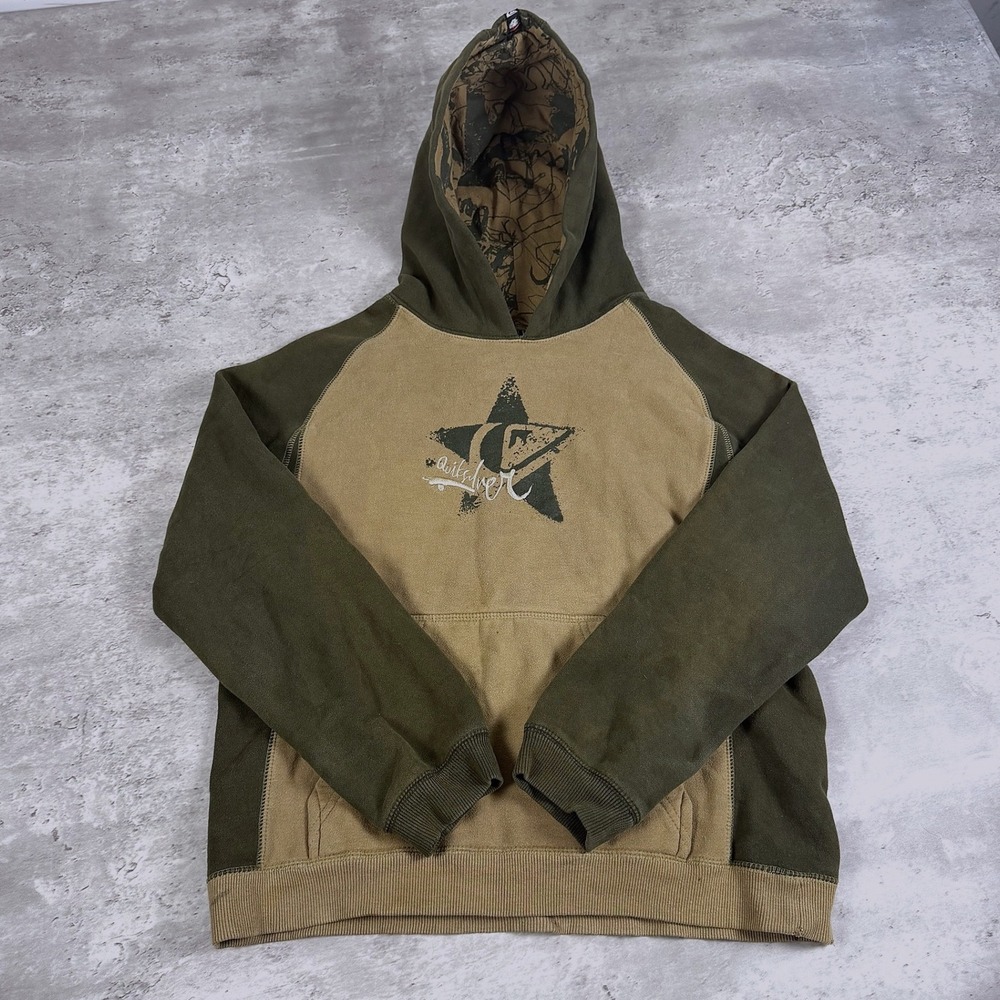 Quiksilver Hoodie Star Graphic Tan Olive Green Boys XL 14-16 Y2K Skate